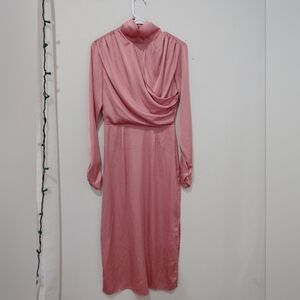 Alexia Admor Satin Pink Maxi Midi Dress Long Sleeve Glam Event Party